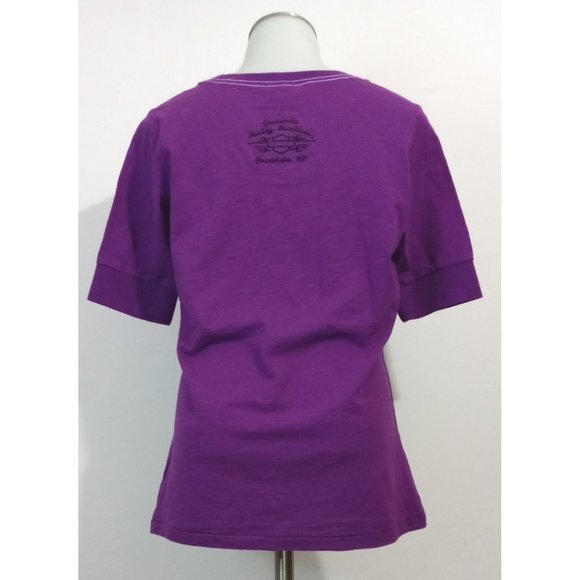 Harley Davidson Gowanda, NY Purple Shirt Rhinestones Roses Cuffed Sleeves Sz L - Picture 2 of 6
